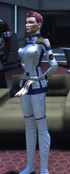 Sometimes I wonder about the type of people who play STO based on the costumes they put on their toons. Hooker boots, a white uniform with purple accents, a floppy thing around the waist (I know it's bugged, but it still doesn't go with the uniform), pink hair, and a tattoo that looks like a scarification on the face? If you're going to do purple and pink, make them at least look good. A good uniform using those colors is intimidating. This is not. Seriously, I think you could do better!