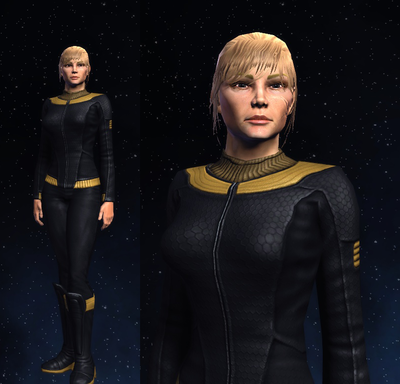 Lieutenant Tori Mcmindes (everyone just calls her Tori) is One of Twelve's Chief Engineer. Age-wise, she is the oldest on the crew, and served as far back as the Dominion War. She has a large scar on her right cheek that she refuses to have removed, and despite her refusal to discuss, is rumored to involve the Jem'Hadar.