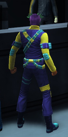The first was wearing yellow, magenta, and aqua mercenary gear. While matching colors are good for uniforms, this color combination is so bad, it's worse than many of the Crayola costumes running around the quadrant. The individual even had matching skin, and thankfully I only managed a rear screenshot, or you'd see the matching Geordi LaForge visor!