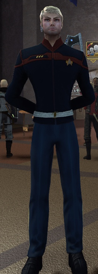 This chump is fine from the waist up, but blue pants, especially blue diplomatic pants, are a bad idea with that costume or most other costumes.
