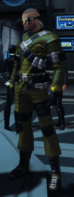 The second bad costume on Earth Space Dock was a mix between the mercenary outfit and some sort of stylist vest, sorta like what you'd expect a Ferengi to be wearing. However, every part of this outfit was colored as if he was trying to emulate camouflage. He might think he's playing Soldier of Fortune... looks more like he's playing Soldier of Fashion!