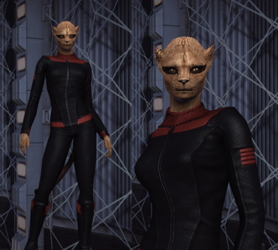 R'misse (the -e is silent) is a Caitian waitress in the employ of Kutrizian Sodu. She often dyes her normally tan fur interesting colors. She has no interest in joining Starfleet, but she sure likes a man in uniform!
