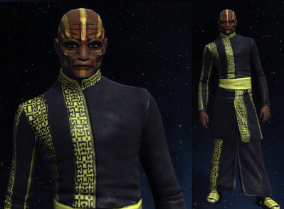 Kutrizian Sodu is a Rigelian civilian who considers himself a connoisseur of many luxuries. He made his money earlier in life in black market genetics, and has knowledge of the topic to rival even Starfleet's most esteemed experts. In his retirement, Kutrizian now spends much of his time watching the flow of commerce throughout the quadrant to ensure the stability of interstellar trade. The amount of information he can obtain, his list of contacts, and his level of influence are both impressive and secret.